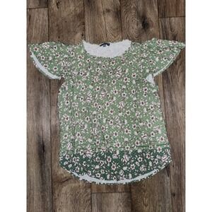 Democracy Tunic Womens light dark Green 2 tone Blouse Top shoulder sleeve floral